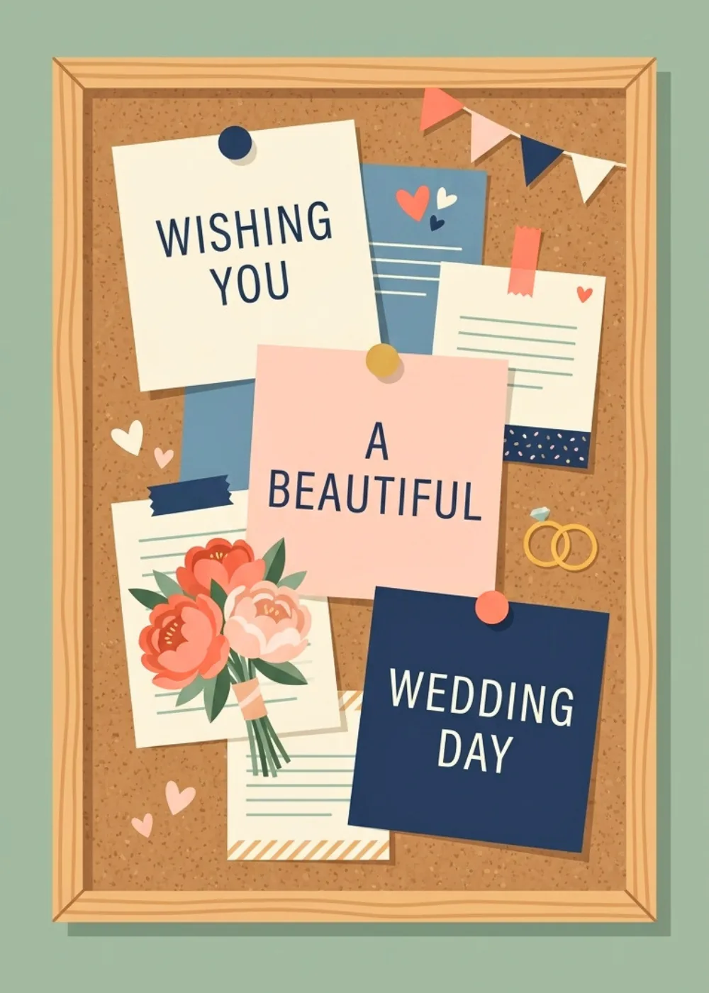 Corkboard with pinned notes, hearts, rings and peonies reading 'Wishing You A Beautiful Wedding Day' Corkboard with pinned notes, hearts, rings and peonies reading 'Wishing You A Beautiful Wedding Day'