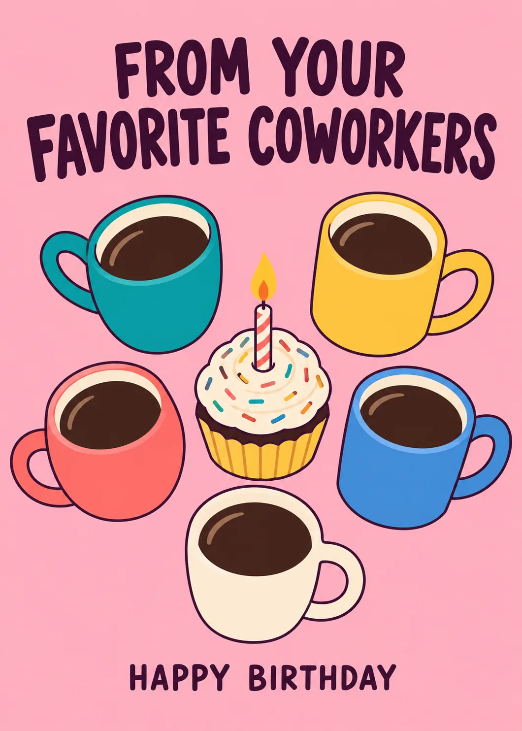 Funny coworker birthday card with five colorful coffee mugs around a sprinkle cupcake with candle on pink