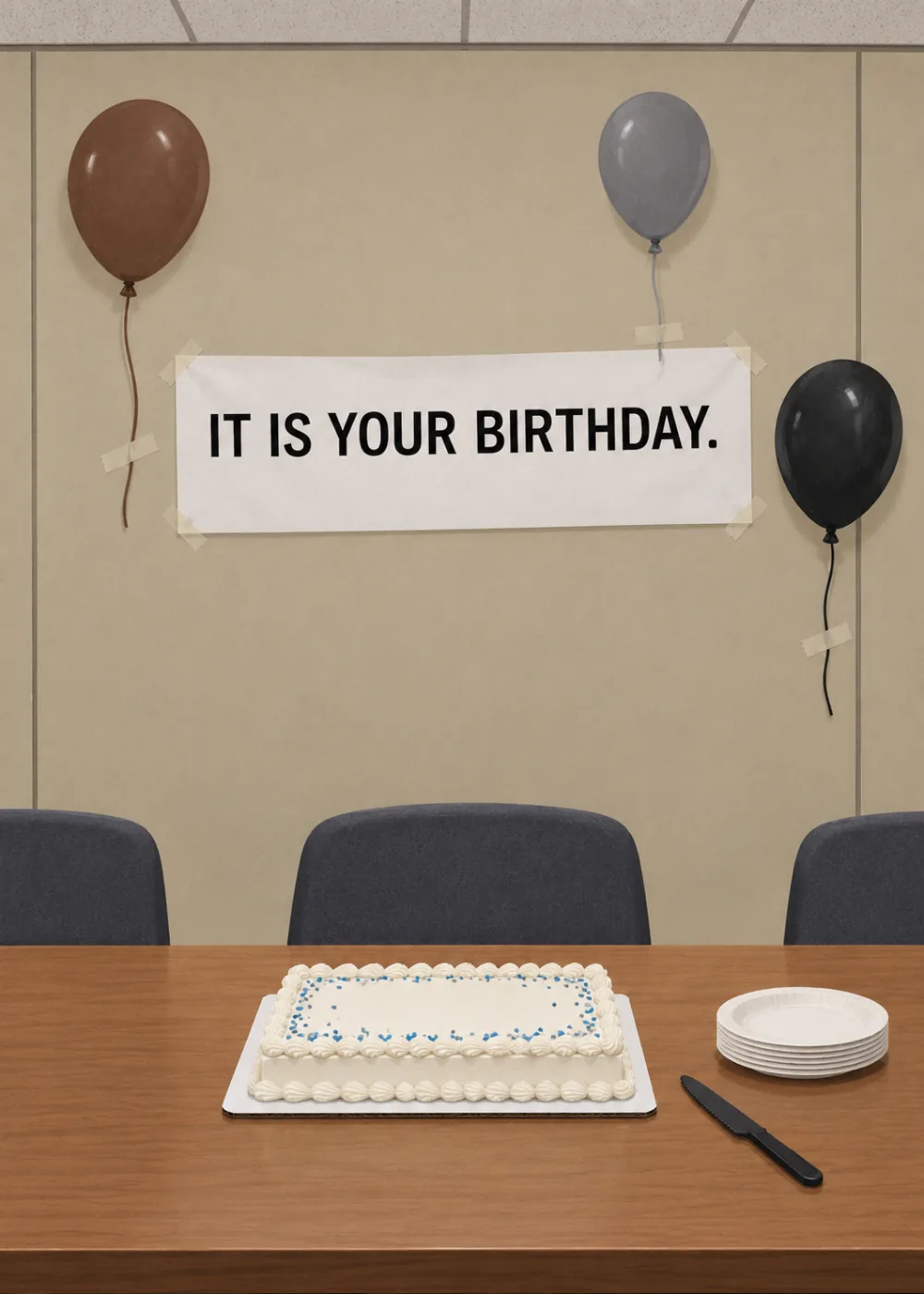Deadpan office banner reading It Is Your Birthday above a sheet cake and balloons Deadpan office banner reading It Is Your Birthday above a sheet cake and balloons