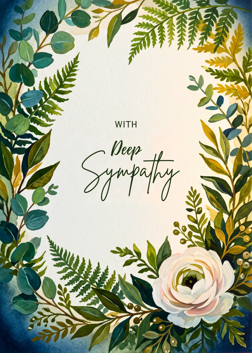 Greenery wreath and white bloom on a With Deep Sympathy condolence card