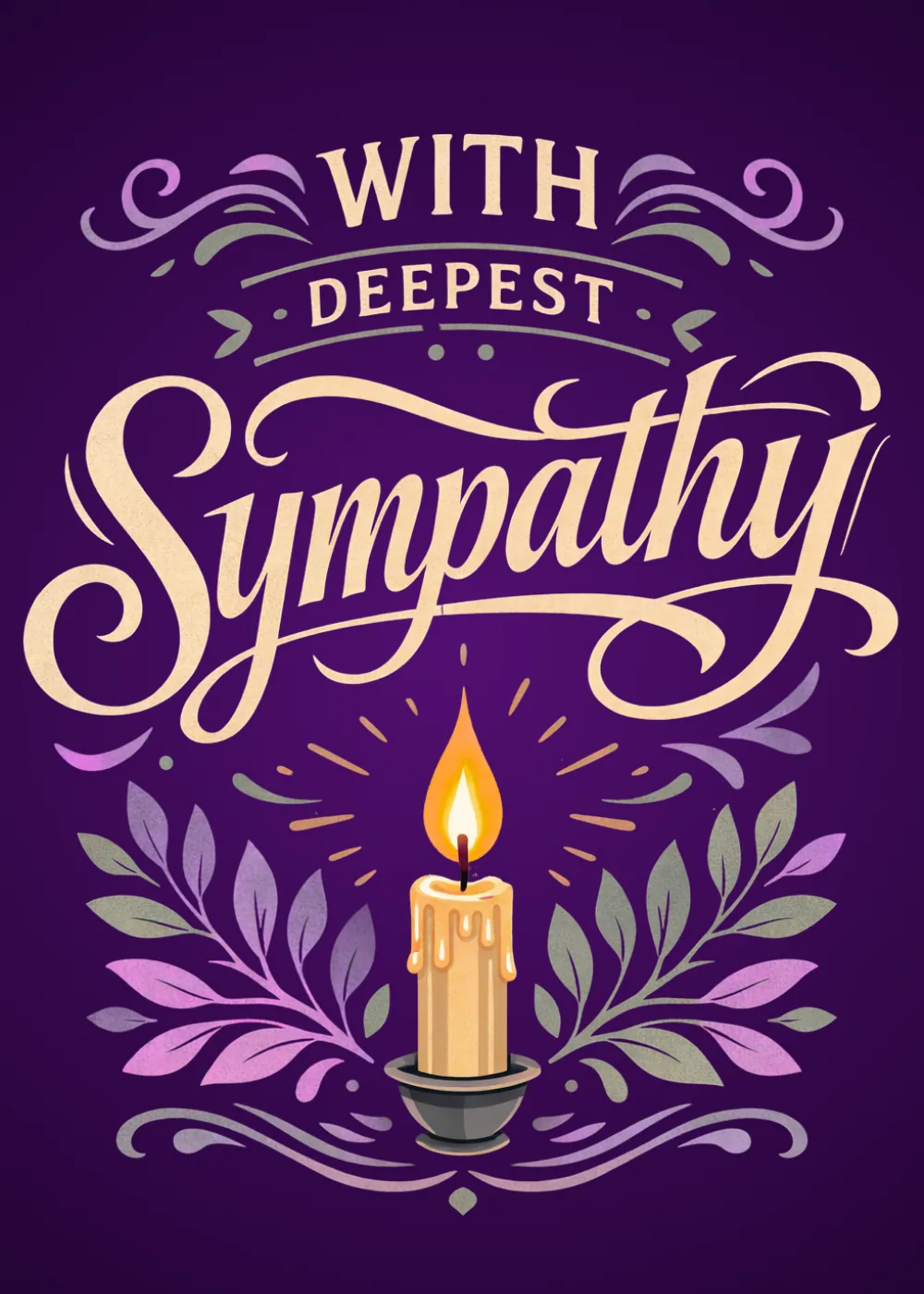Lit candle glowing among purple laurel leaves under ornate With Deepest Sympathy lettering