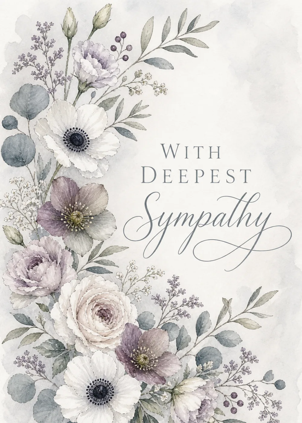 Muted white and grey anemones and eucalyptus beside With Deepest Sympathy script