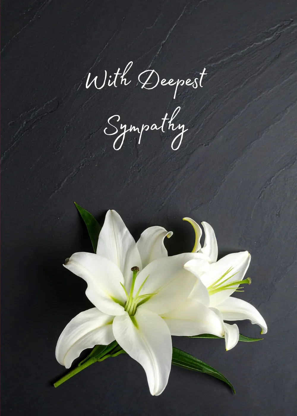Two white lilies on charcoal for a With Deepest Sympathy condolence card