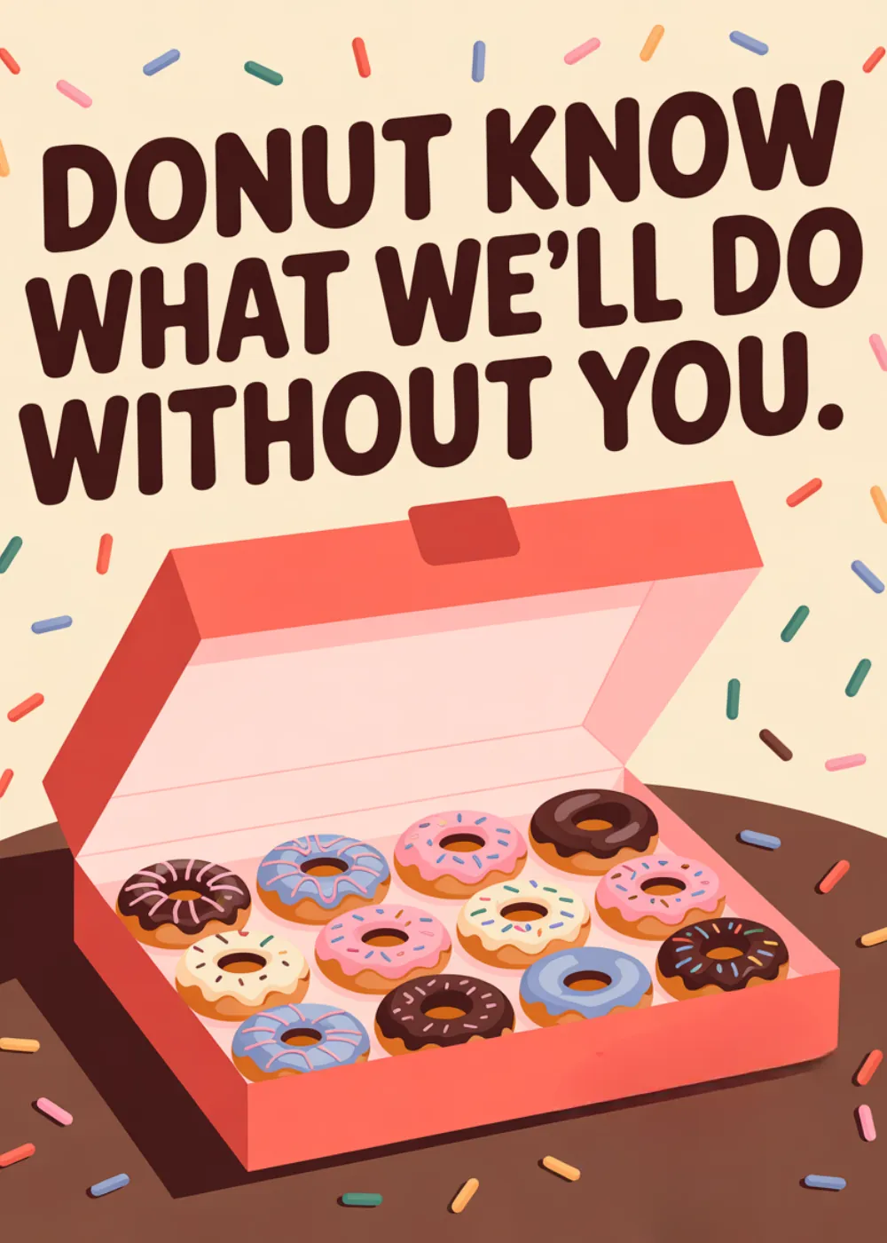 A box of colorful donuts with the text Donut know what we'll do without you.