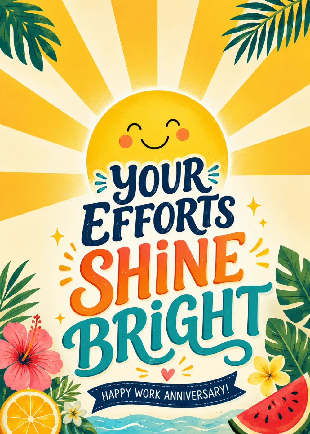 Smiling sun over tropical flowers with bold lettering reading Your Efforts Shine Bright Happy Work Anniversary