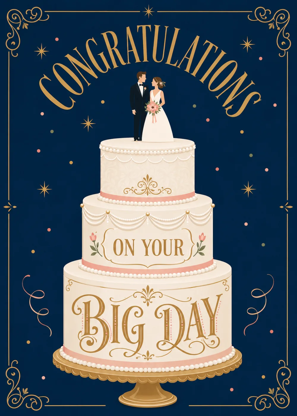 Navy wedding congratulations card with a gold three-tier cake and bride and groom topper Navy wedding congratulations card with a gold three-tier cake and bride and groom topper