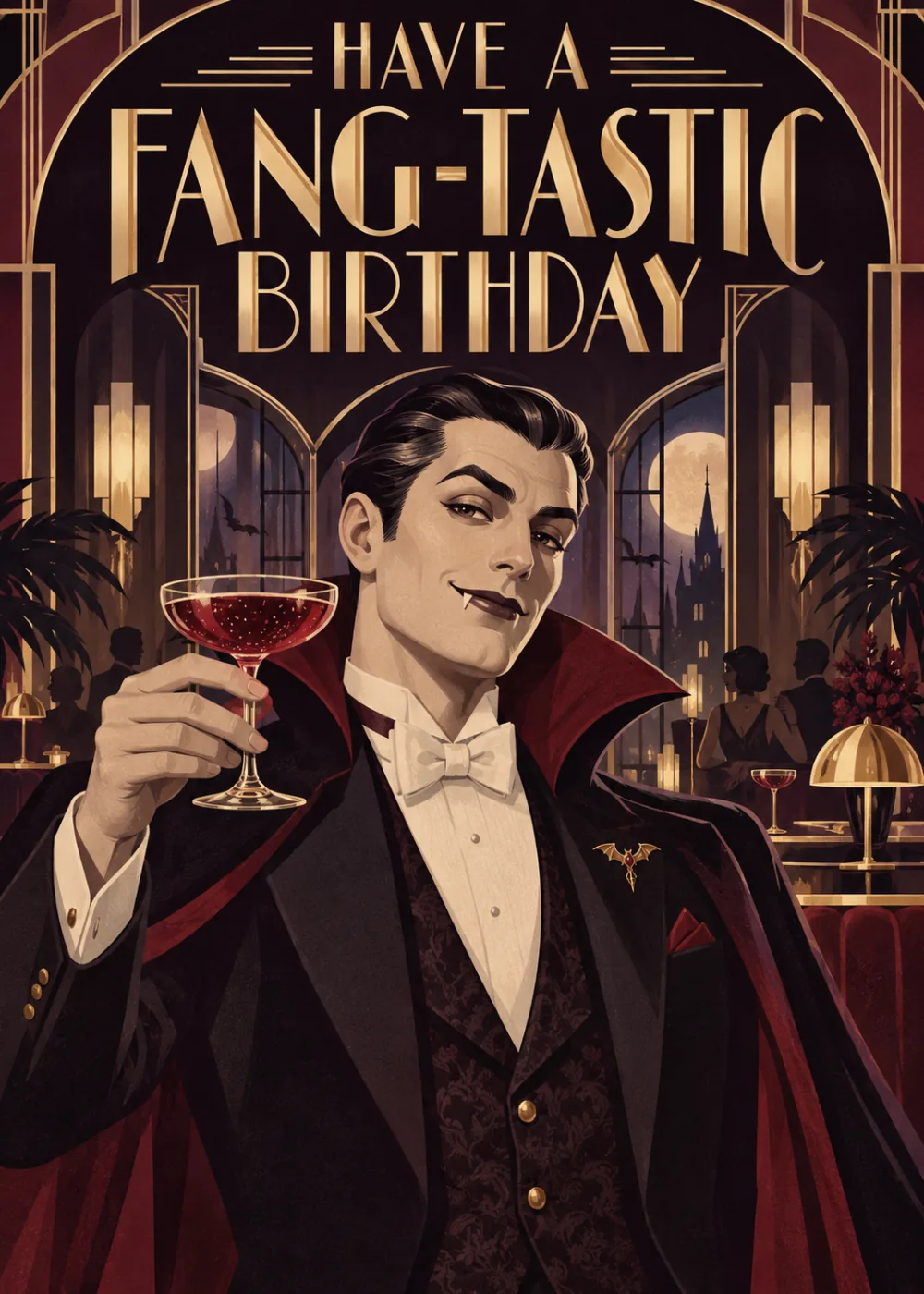 Dapper vampire raising a wine glass in a moody hall with text have a fang-tastic birthday Dapper vampire raising a wine glass in a moody hall with text have a fang-tastic birthday