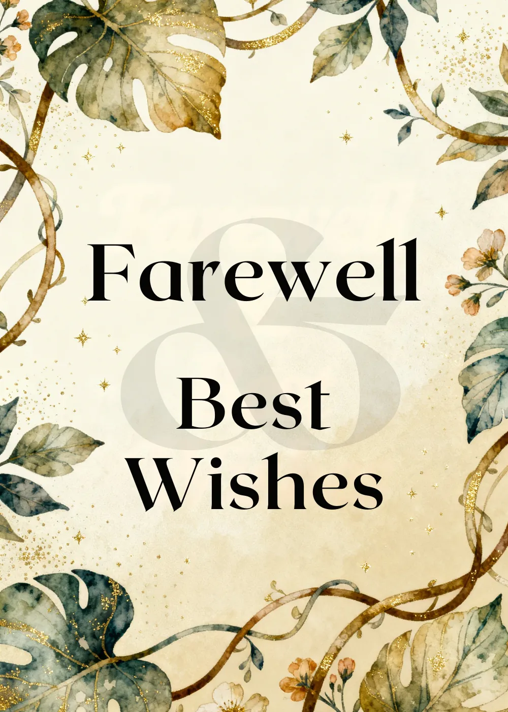 Elegant white flowers and gold-rimmed leaves framing the text Farewell Best Wishes.