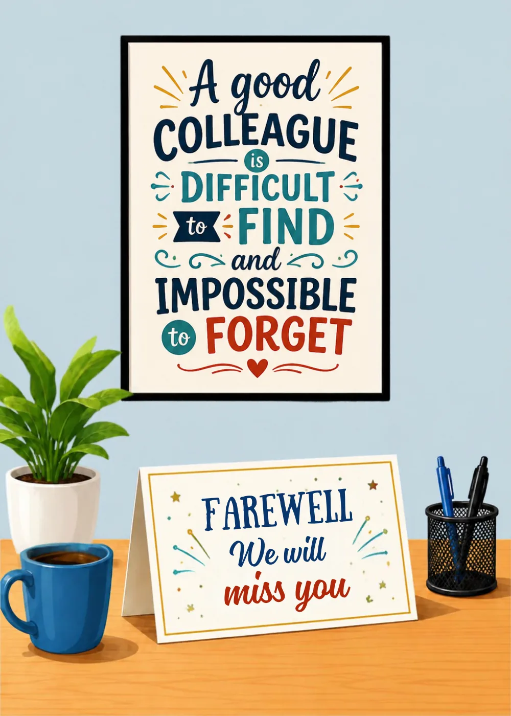 Framed colleague quote on a desk with a coffee mug, plant and a Farewell we will miss you note card