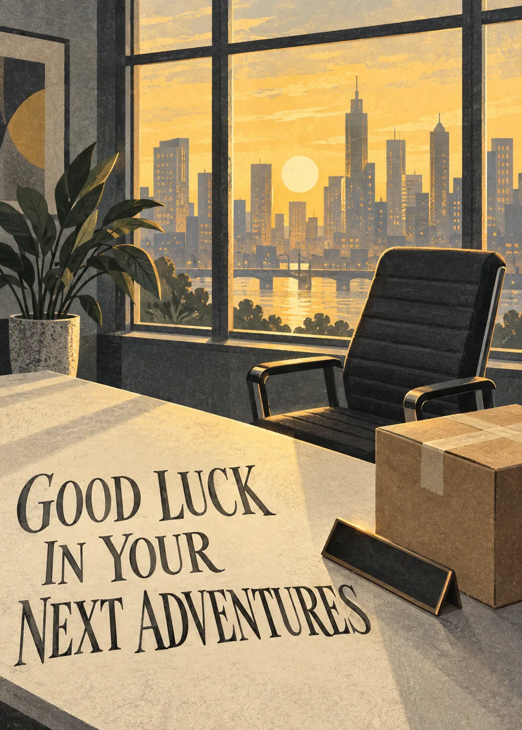 Good luck farewell card with empty office chair, packed box and desk before a golden sunset city skyline