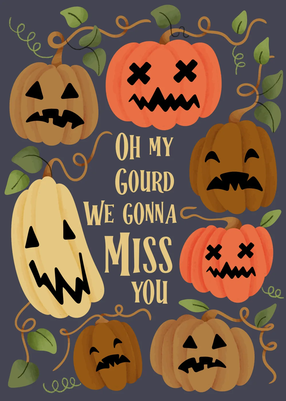 Animated farewell card with sad carved pumpkins on dark gray and Oh my gourd we gonna miss you in gold