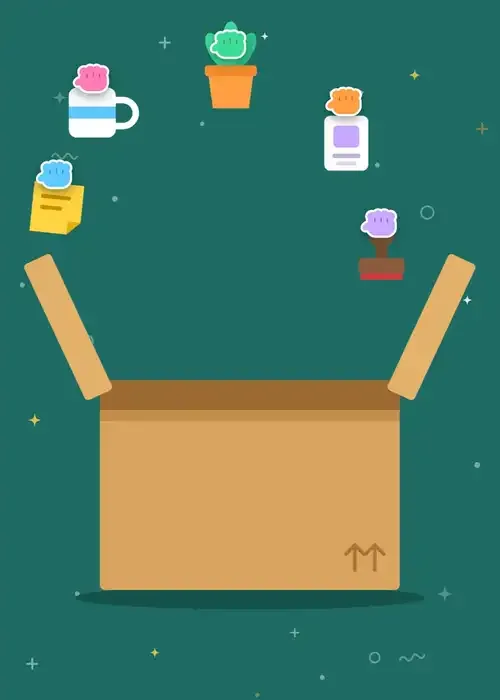 Animated open cardboard moving box on a teal background for a farewell card