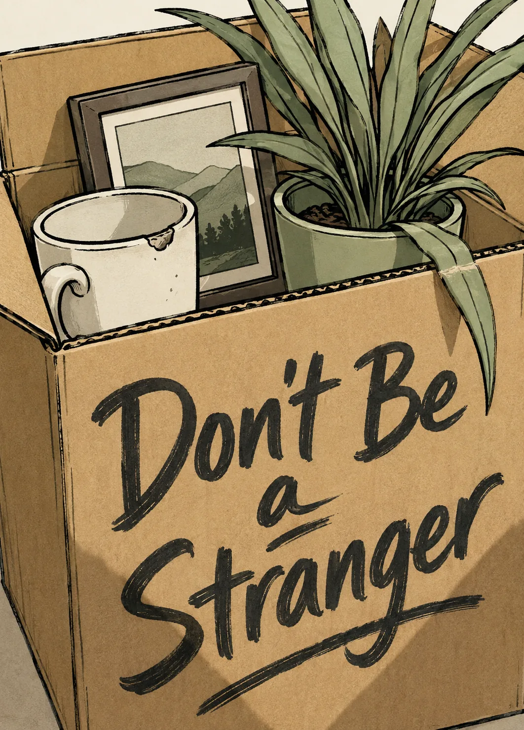Moving box with mug, framed photo and plant, labeled Don't Be a Stranger