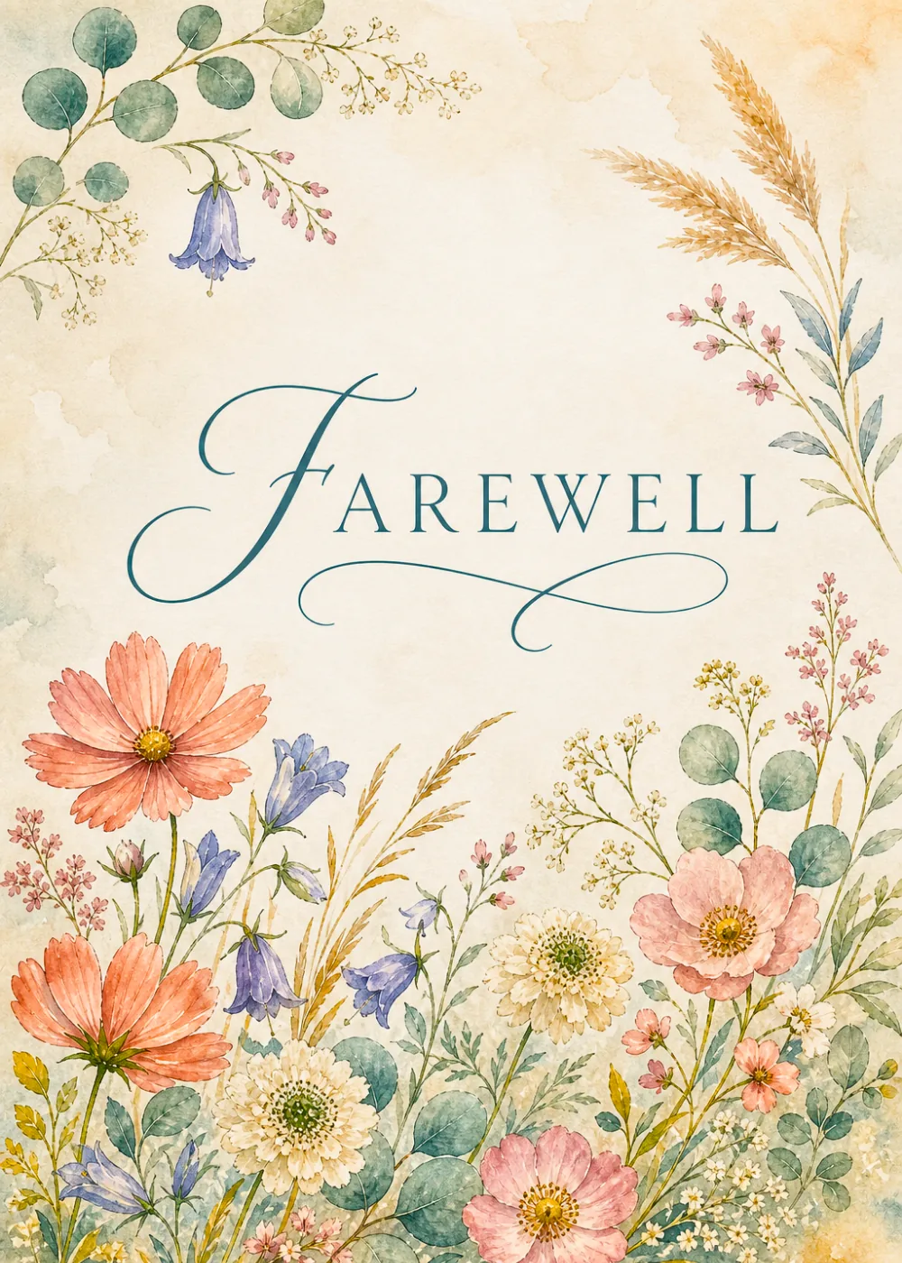 Delicate watercolor wildflowers and eucalyptus with elegant Farewell script on cream