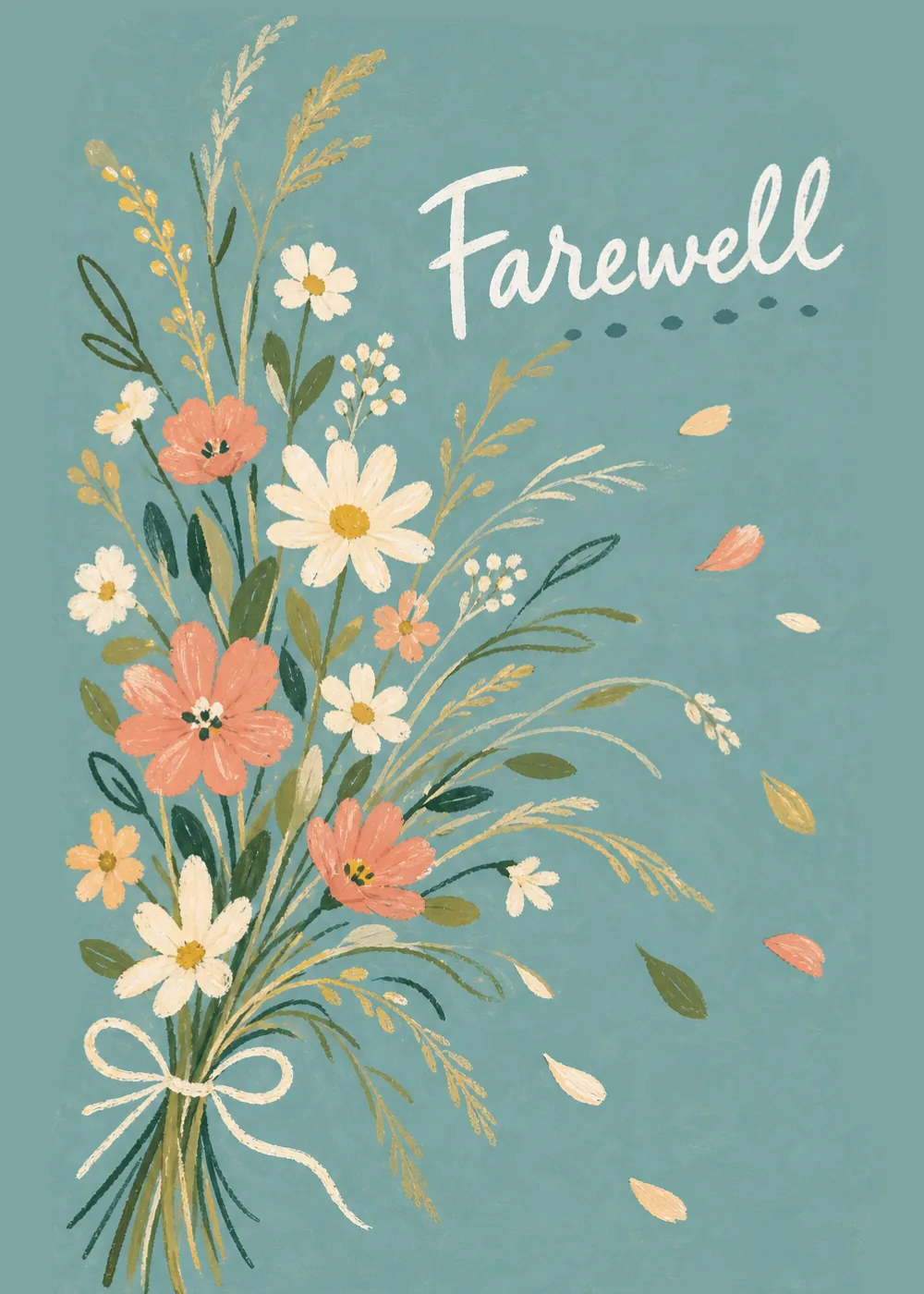 Painted wildflower bouquet tied with a bow on dusty teal with white Farewell script