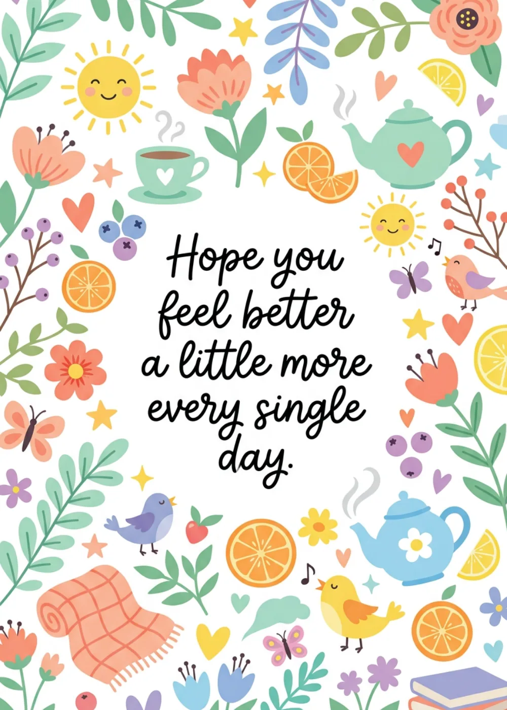 Illustrated floral border of suns, teapots, birds and citrus around Hope you feel better every single day