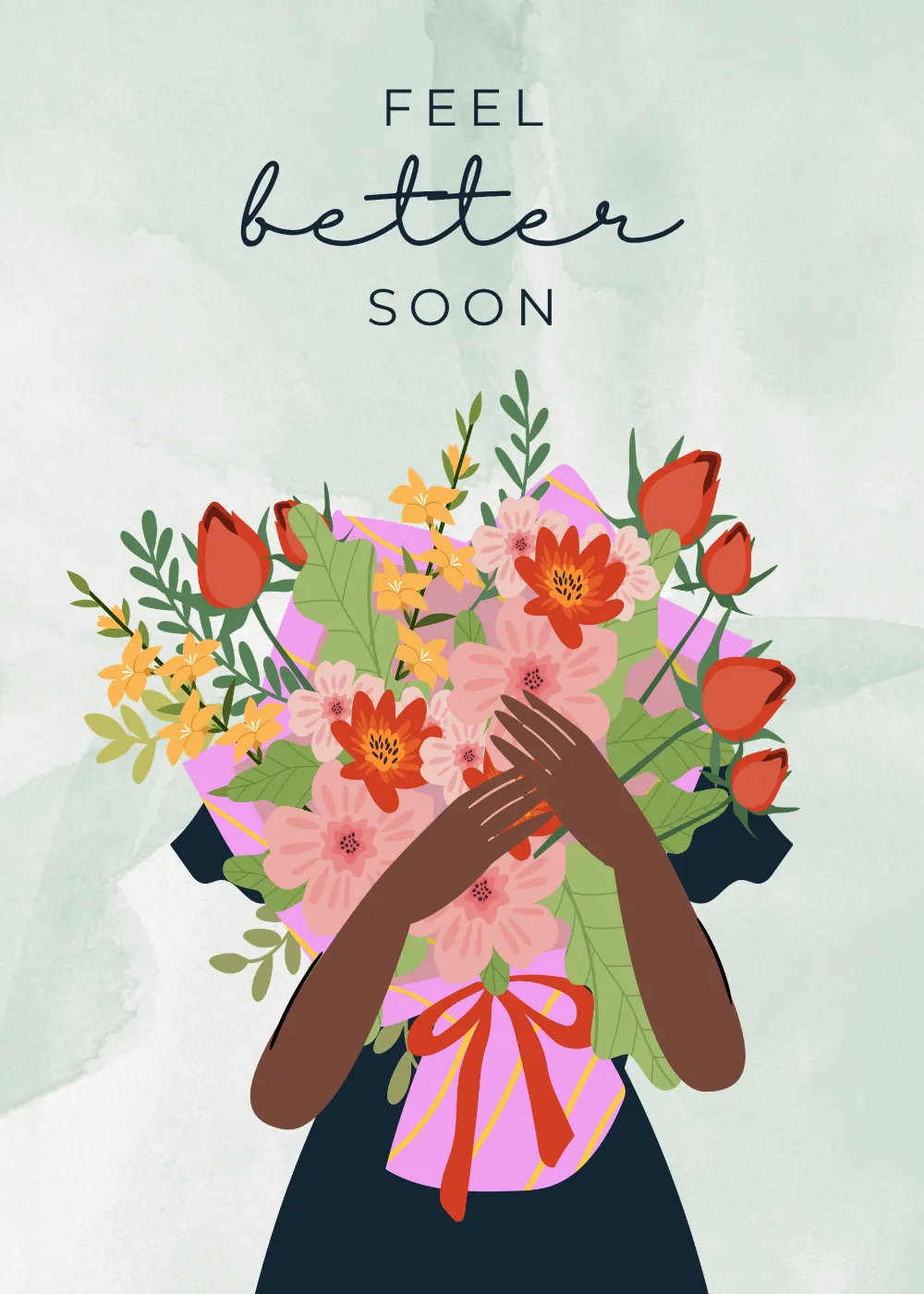Person holding a tulip bouquet on a Feel Better Soon get well card