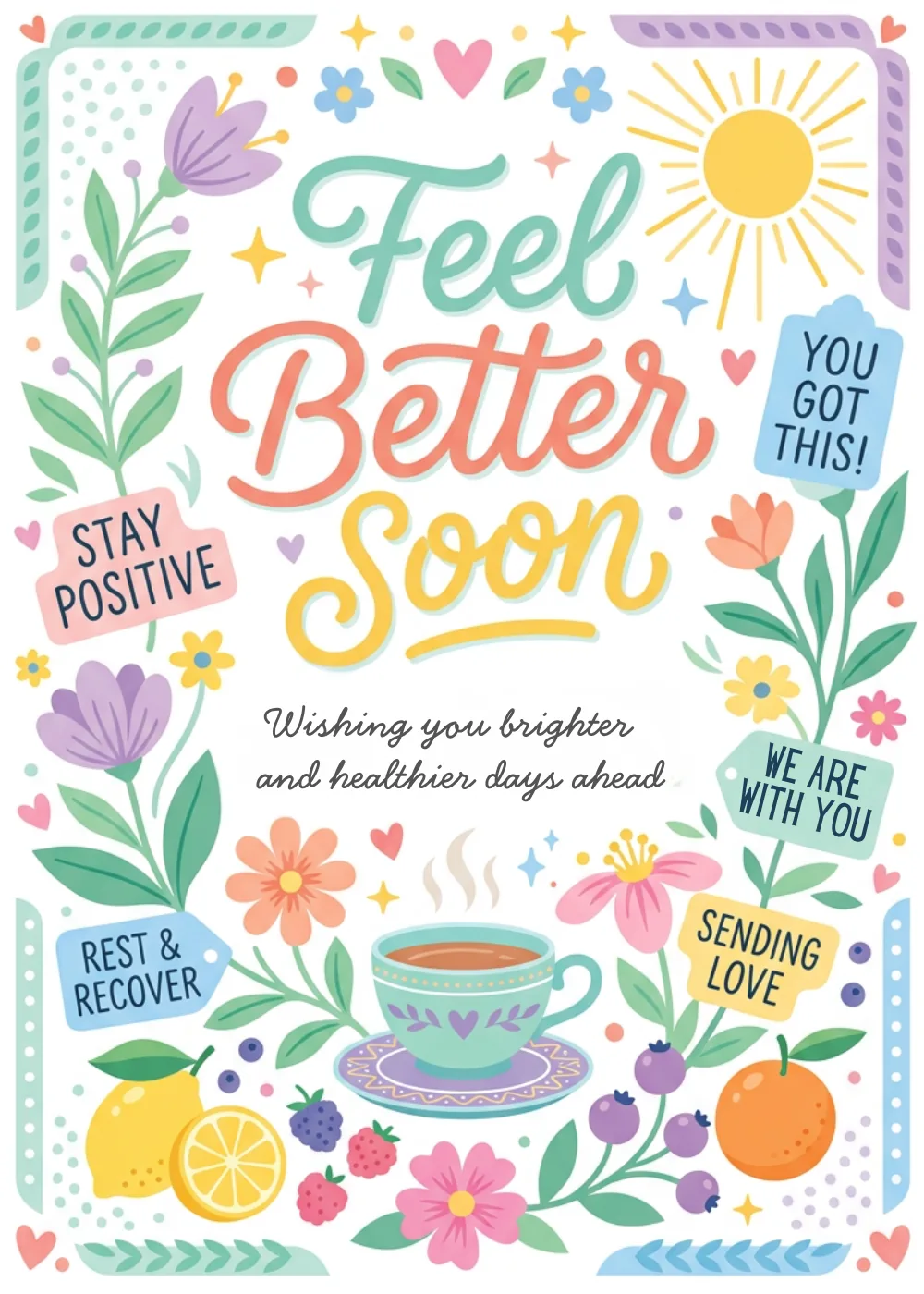 Colorful card reading Feel Better Soon with flowers, fruit, tea cup, and uplifting sticker phrases