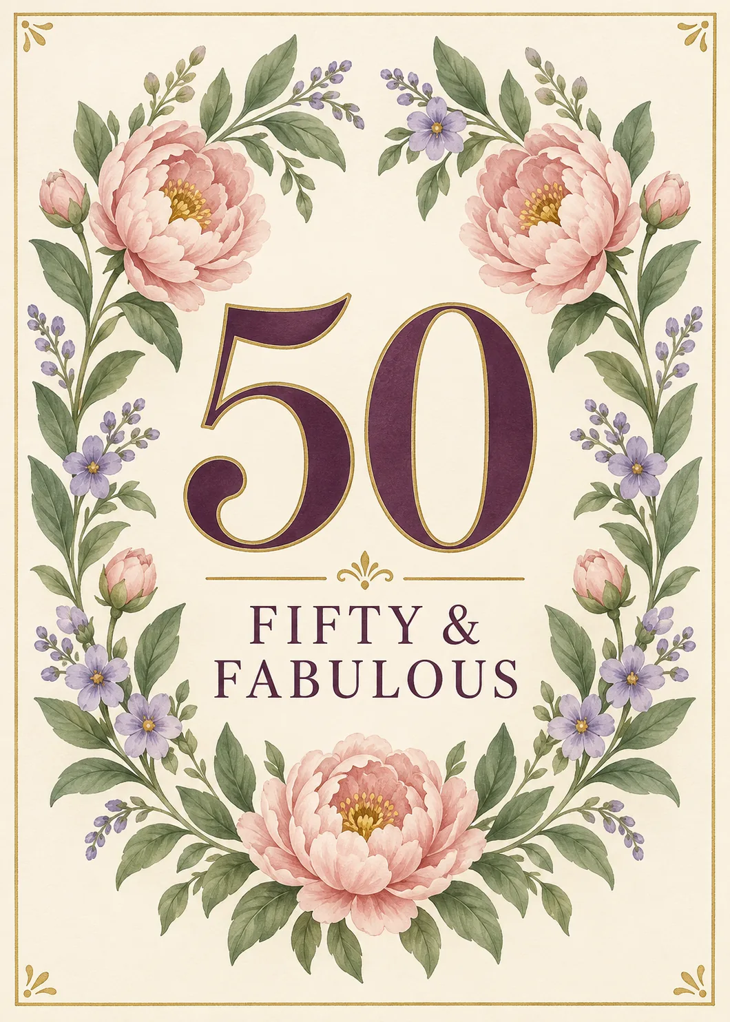 Large number 50 in a wreath of pink peonies on cream with text fifty and fabulous