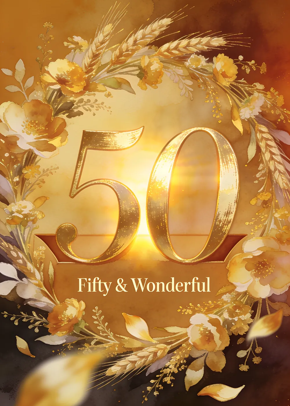 Glowing gold 50 wreathed in roses for a Fifty and Wonderful 50th birthday card