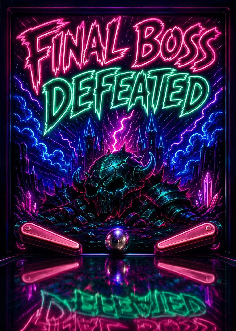 Neon arcade poster of a defeated skull monster boss beside a lit pinball machine