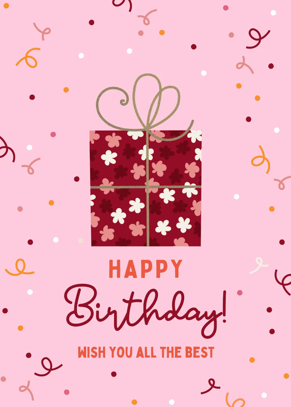Floral patterned gift box on pink background with confetti and Happy Birthday text
