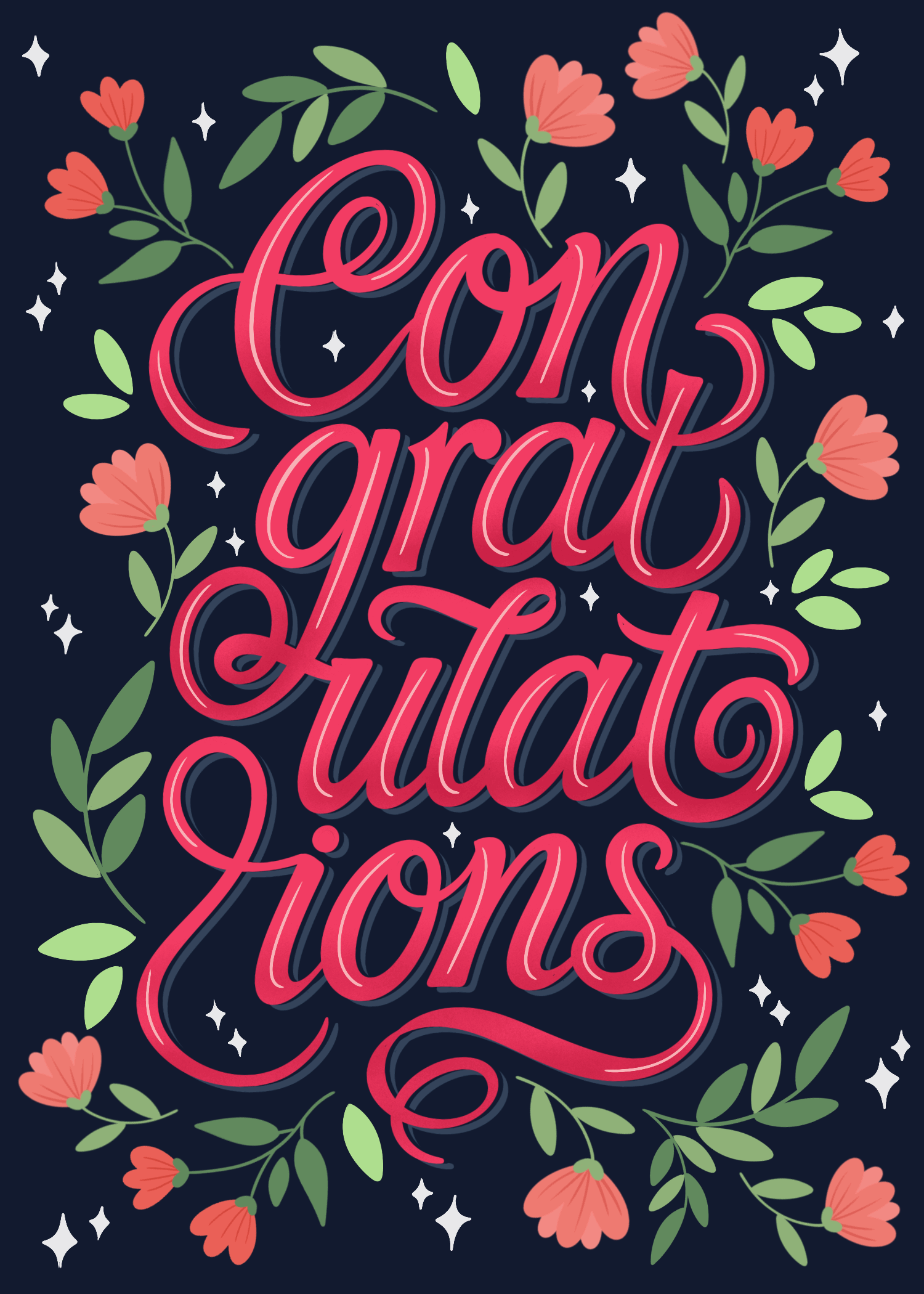 Navy card with pink floral wreath around bold congratulations script
