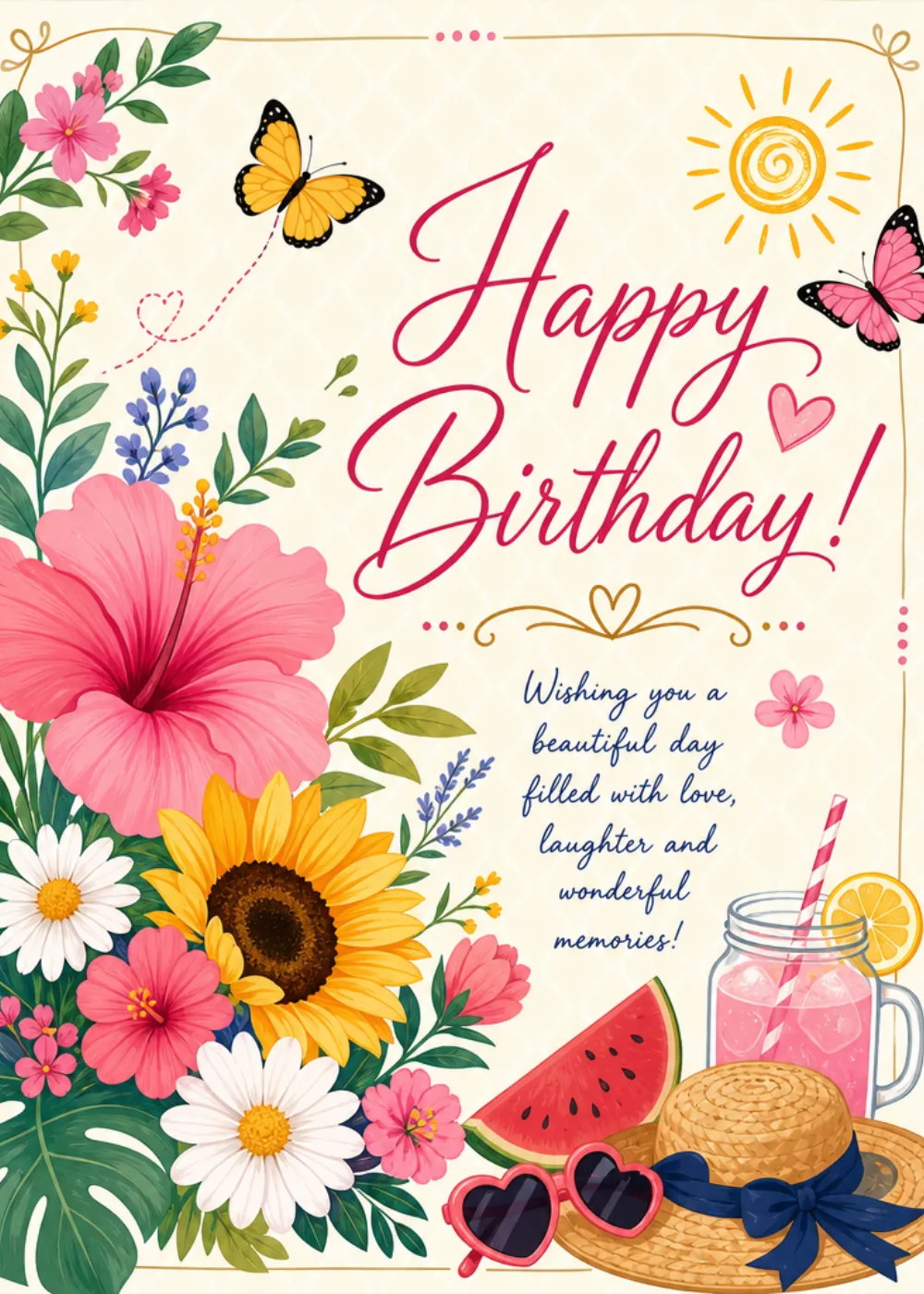 Floral summer birthday card with watermelon and butterflies