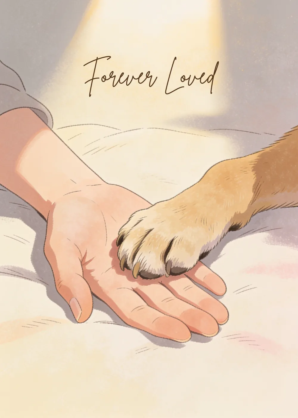 Hand and dog paw together on a Forever Loved pet sympathy card