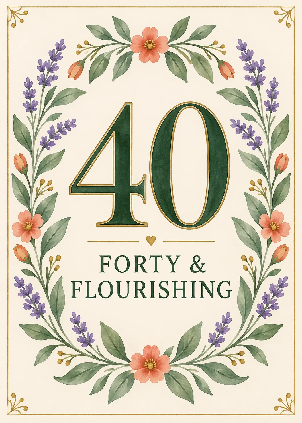 Number 40 in a wreath of lavender sprigs and leaves on cream with text forty and flourishing