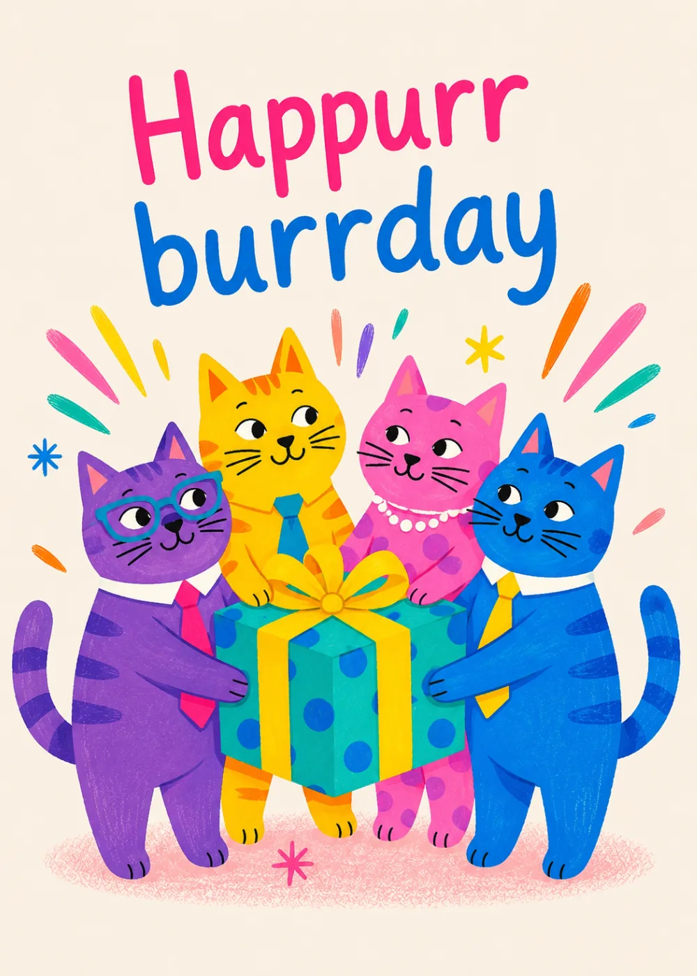 Cartoon cats holding a gift box with a Happurr Burrday pun