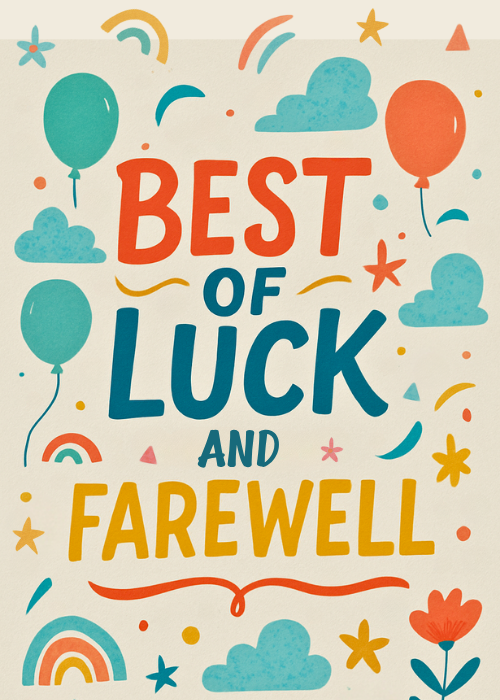 Bold multicolored typographic farewell card with the text Best of Luck and Farewell surrounded by balloons, clouds, rainbows, and doodles on a cream background