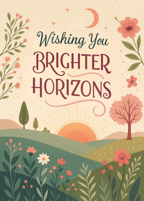 Illustrated farewell card with sunrise over rolling hills, pink flowers, trees, and crescent moon; text reads Wishing You Brighter Horizons
