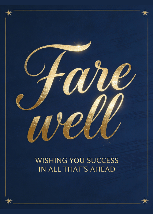 Gold script text reading Farewell Wishing You Success In All Thats Ahead on a deep navy blue background with a thin gold double-line border and four-pointed star corner accents