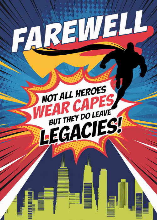 Bold comic book style farewell card with pop-art illustrated panels and action typography for a dramatic goodbye