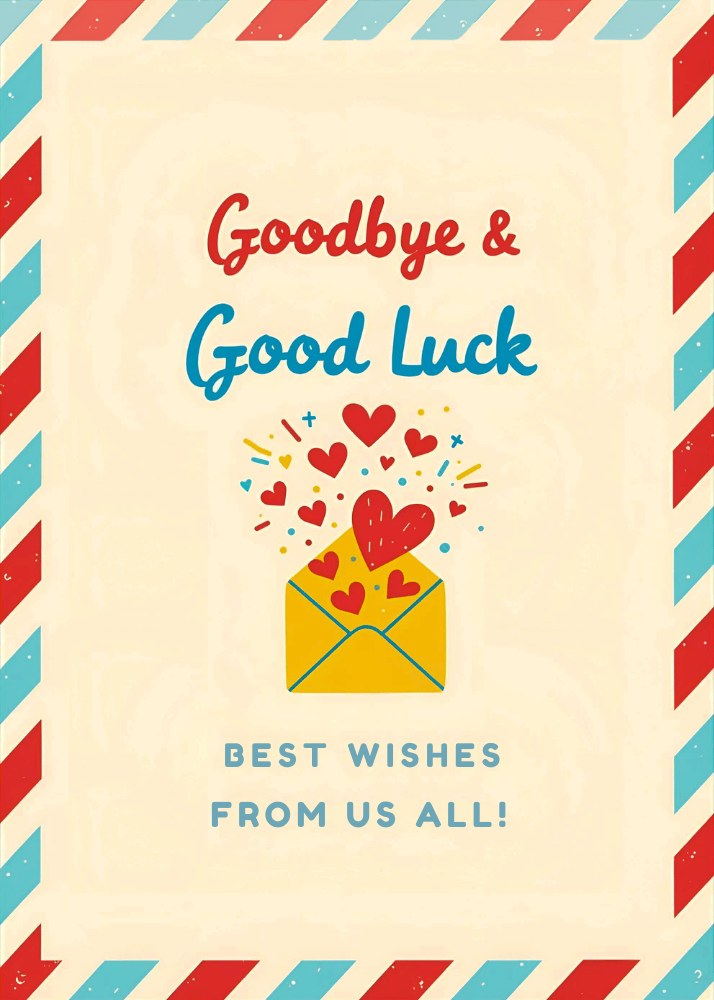 Postcard-style card with red and blue airmail stripe border and bold 'BEST WISHES FROM US ALL' text