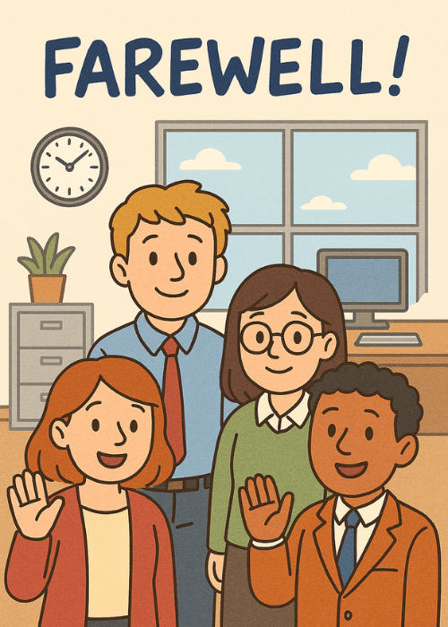 Group farewell card showing four illustrated smiling coworkers waving goodbye in an office with FAREWELL in bold text above