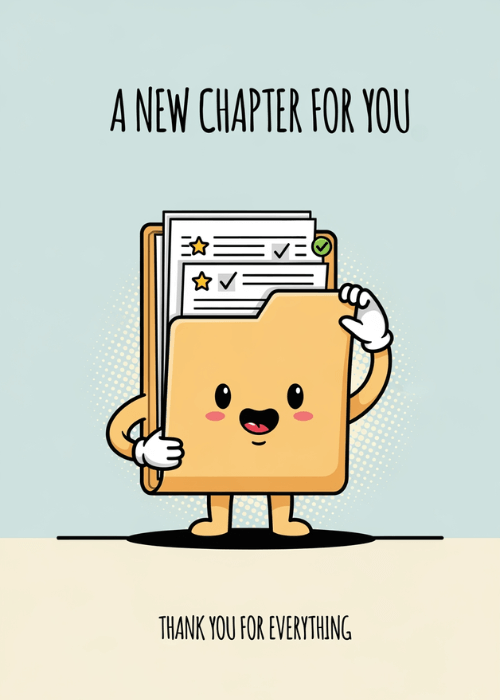 Cute illustrated farewell card on a mint-green background with a kawaii cartoon folder character holding documents showing stars and checkmarks; text reads A New Chapter for You and Thank You for Everything