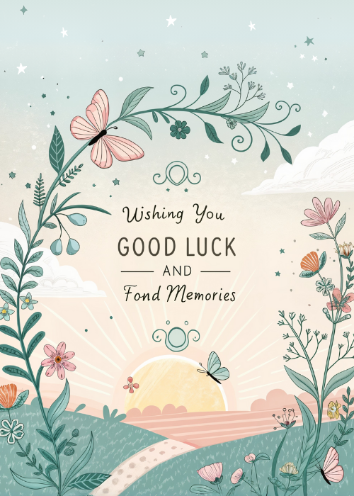 Farewell card with warm illustrated design featuring good luck and goodbye messaging with memory-themed accents celebrating a meaningful departure
