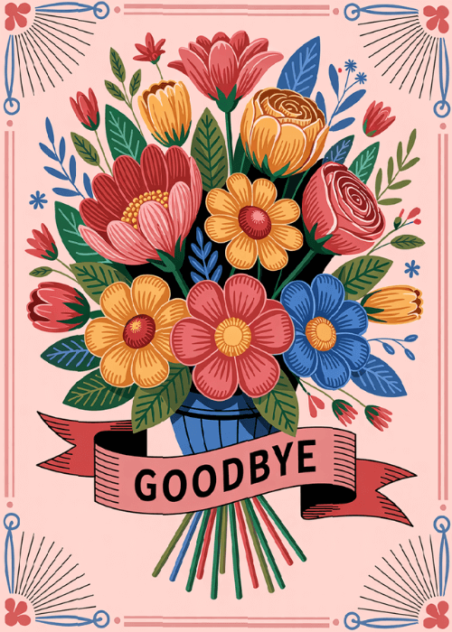 Vibrant folk-art farewell card on a soft pink background with a decorative rectangular border, a lush illustrated bouquet of red and pink roses yellow daisies with red centers blue flowers red tulip buds and abundant dark and light green leaves in a blue striped vase, a bold red ribbon-style banner across the center of the bouquet with large dark serif lettering reading GOODBYE