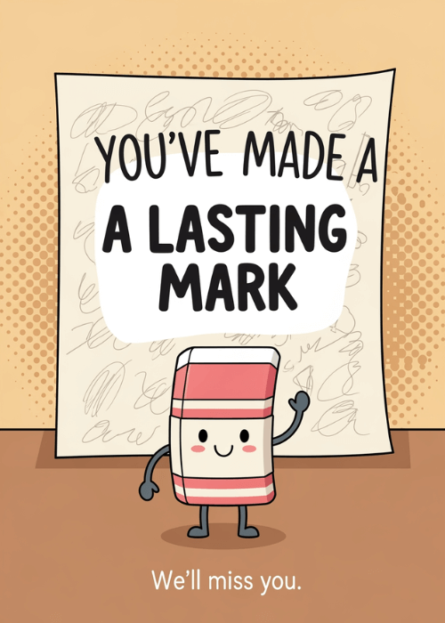 Cute cartoon eraser character with rosy cheeks waving goodbye in front of a whiteboard filled with cursive scribbles, with bold text reading You Have Made A Lasting Mark and smaller text reading We will miss you