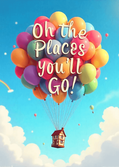 Group farewell card showing a house lifted by colorful balloons into a blue sky with the text Oh the Places You'll Go