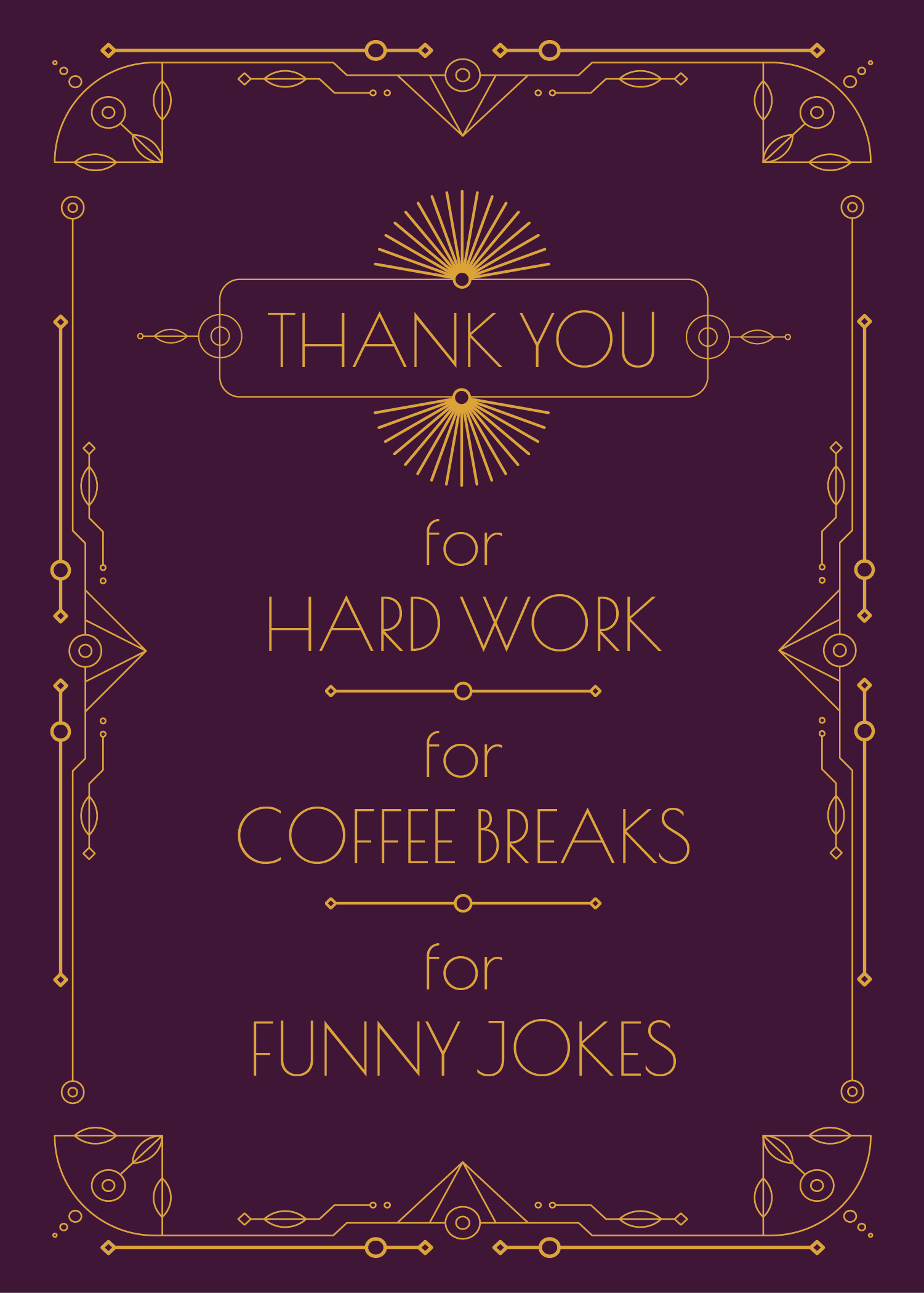 Group farewell ecard with gold art deco border on plum background thanking a departing colleague for hard work coffee breaks and funny jokes
