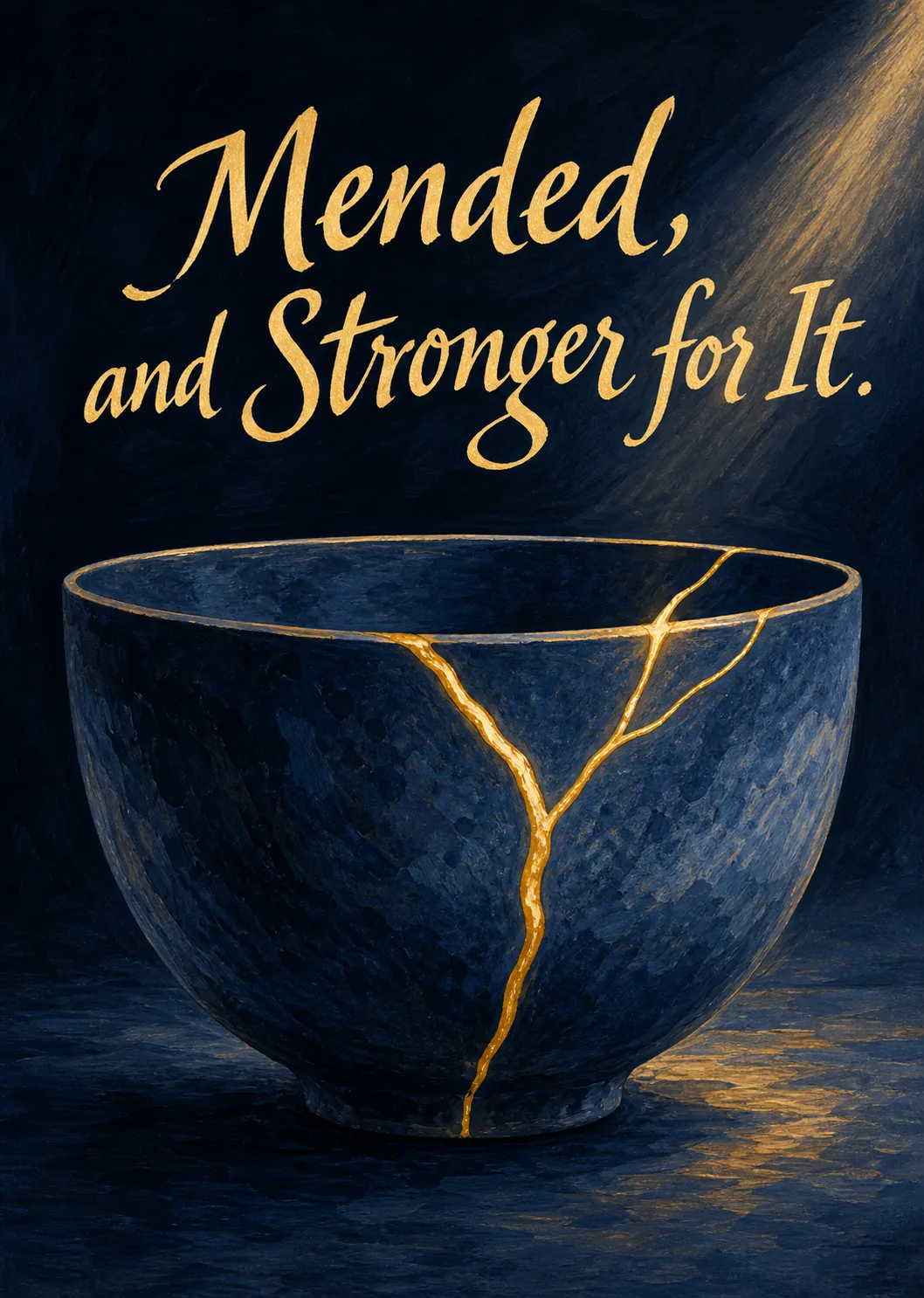 Dark blue kintsugi bowl mended with glowing gold seams beneath Mended and Stronger for It text Dark blue kintsugi bowl mended with glowing gold seams beneath Mended and Stronger for It text
