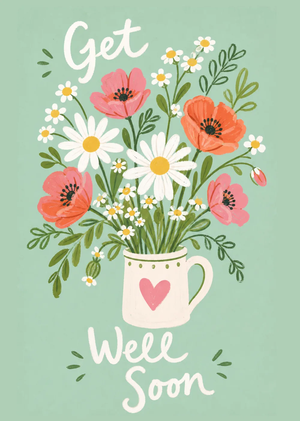 Coral poppies and daisies in a cream pitcher with a heart under Get Well Soon script