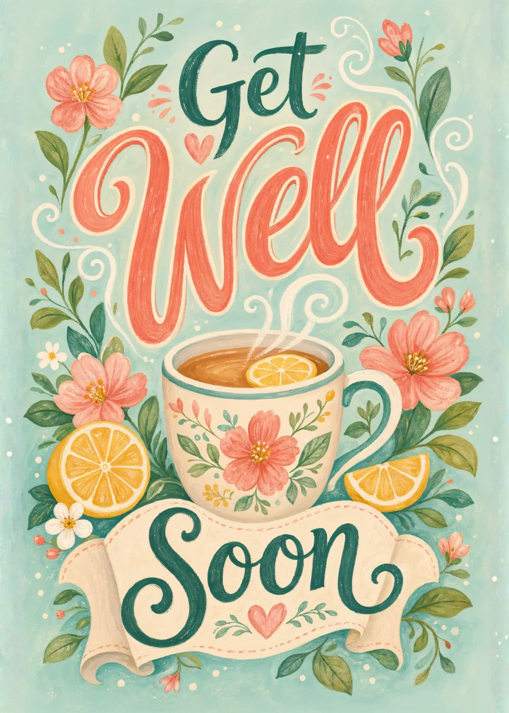Floral teacup with lemon and pink blossoms under Get Well Soon lettering on mint green