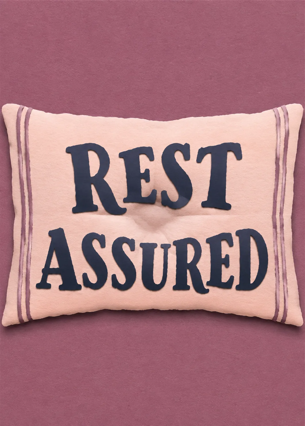 Blush pink pillow embroidered with Rest Assured against a plum background