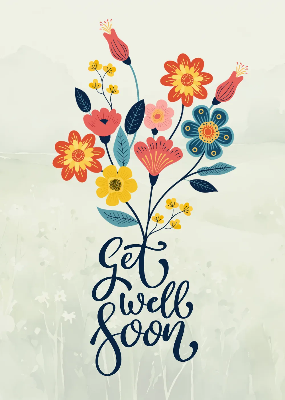 Bright wildflower bouquet above script on a Get Well Soon card