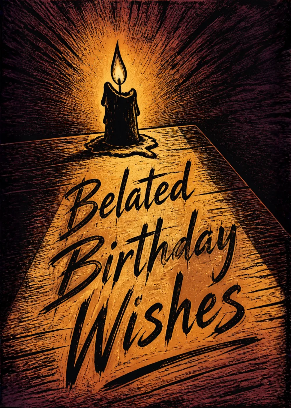 Glowing candle casting warm light with hand lettered 'Belated Birthday Wishes' text