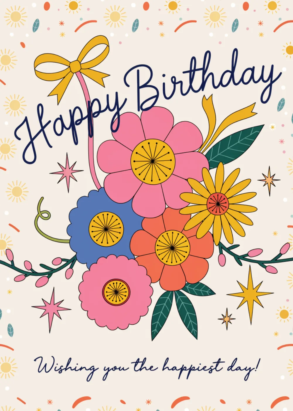 Golden bow and pastel flowers on a Happy Birthday card